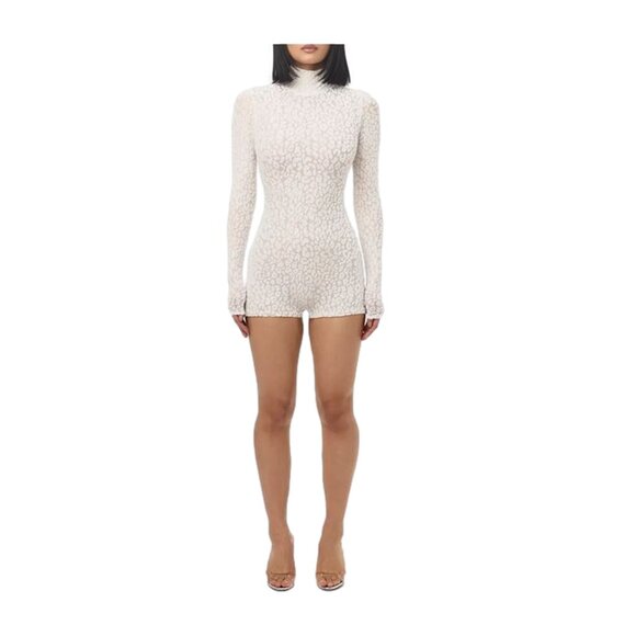 Burnout Mock Neck Long Sleeve Romper In Leopard White - Picture 1 of 3